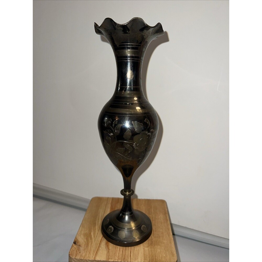 Vintage 11.25” Fluted Top Brass Etched Vase India